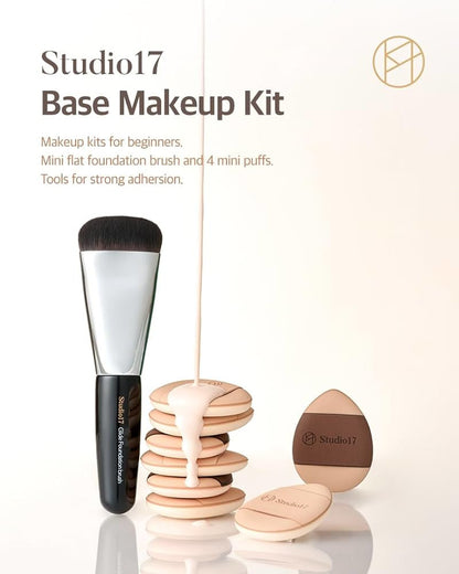 [Studio 17] Mini Flat Foundation Brush & 4 Small Puff Set