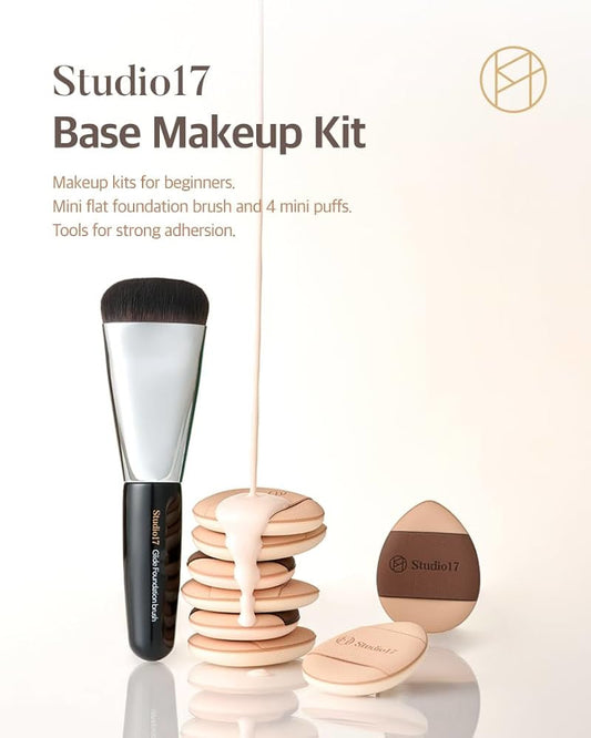 [Studio 17] Mini Flat Foundation Brush & 4 Small Puff Set