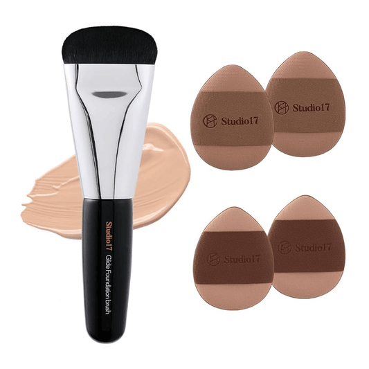 [Studio 17] Mini Flat Foundation Brush & 4 Small Puff Set