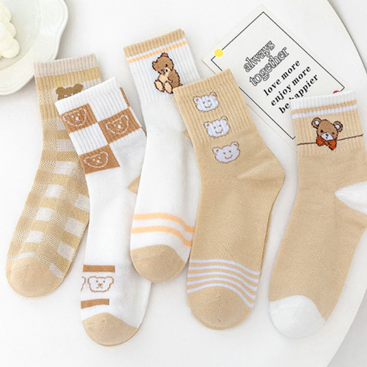 [Socks] Beige Bear 5-Pair Set