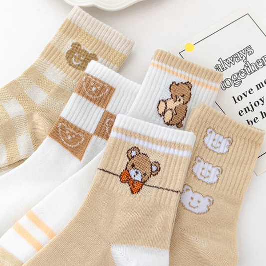 [Socks] Beige Bear 5-Pair Set